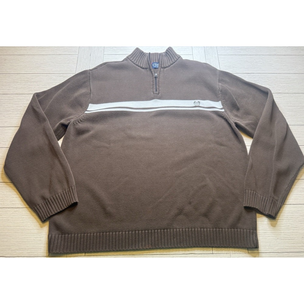 Chaps Sweater Ralph Lauren Brown White Striped Mens‎ Sz XL 1/4 Zip Pullover